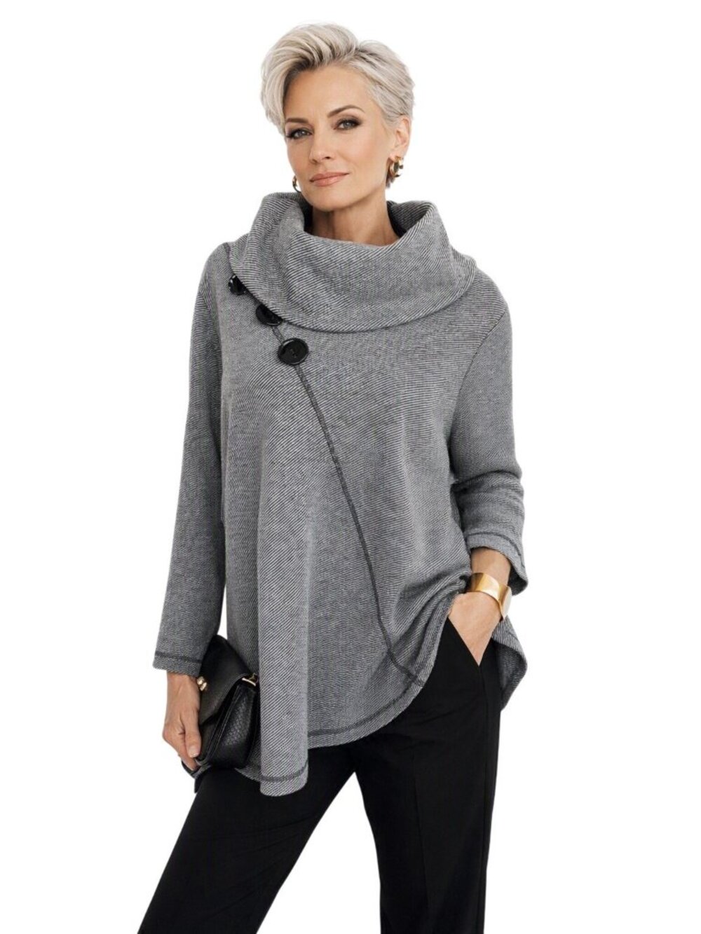 Ali Miles Gray Striped Cowl Funnel Neck A-Line Knit Tunic Top Women M Artsy Boho